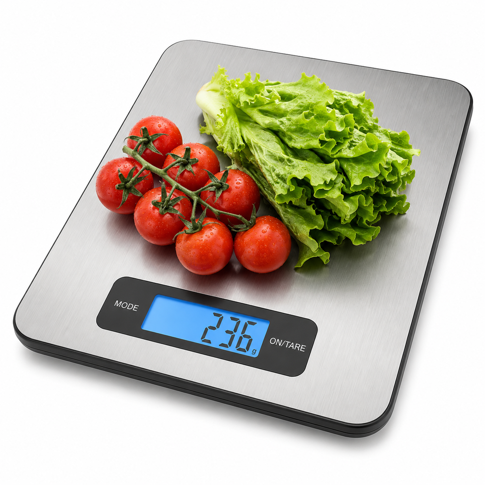 Una báscula de cocina digital muestra 236 g, con tomates y lechuga encima.