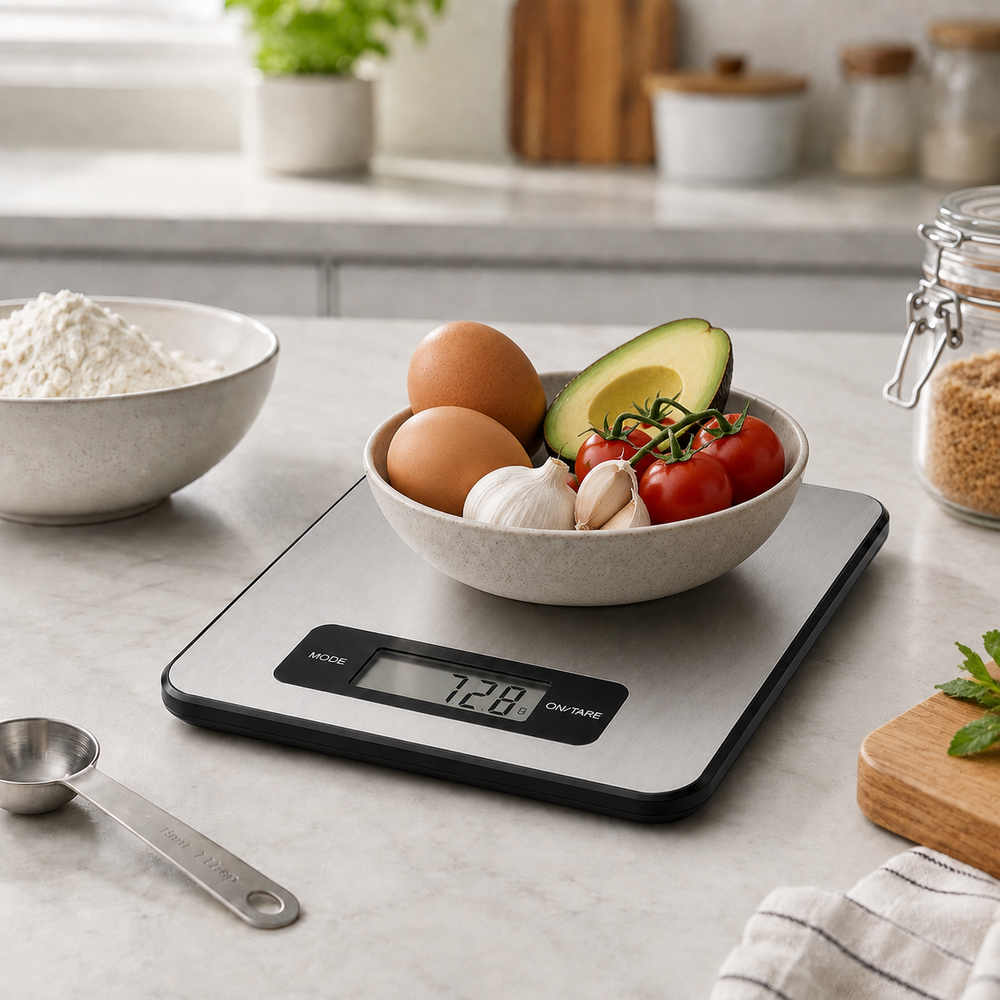 Una báscula digital muestra 728g, sosteniendo un bol con huevos, aguacate, ajo y tomates.