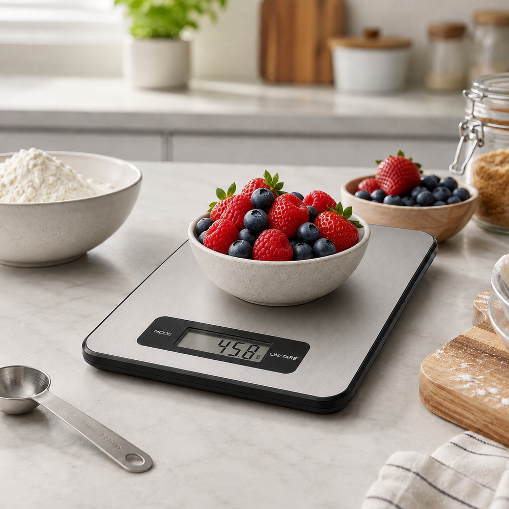 Una báscula de cocina digital muestra 45,8 g, con un cuenco de bayas y harina cerca.