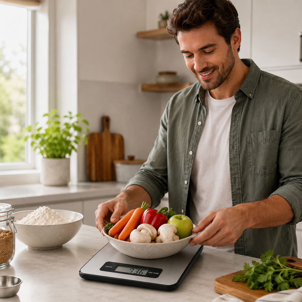 Un hombre pesa verduras y frutas en una báscula de cocina con pantalla digital.