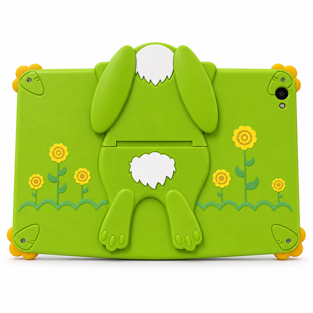 Funda verde para tableta con diseño de conejito, flores y girasoles.