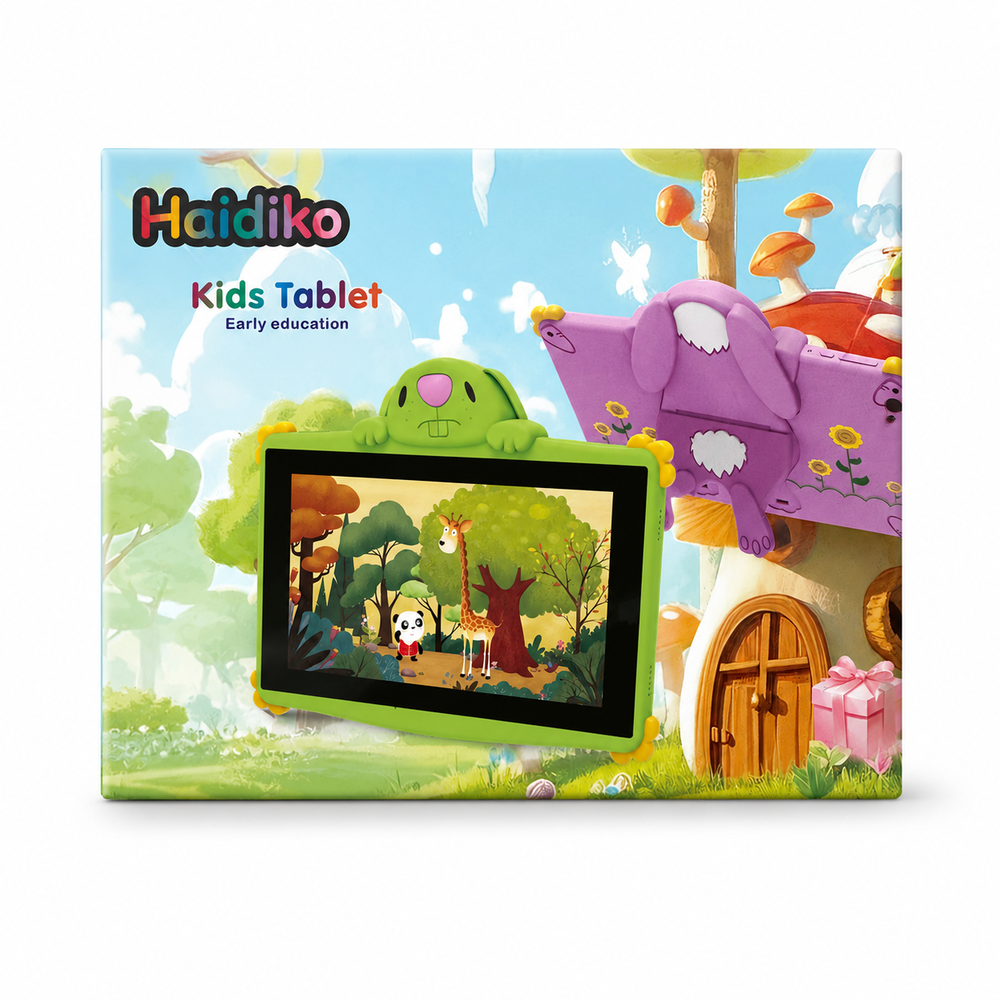 Tableta verde para niños con personajes de dibujos animados y escena de bosque. Soporte de conejito.