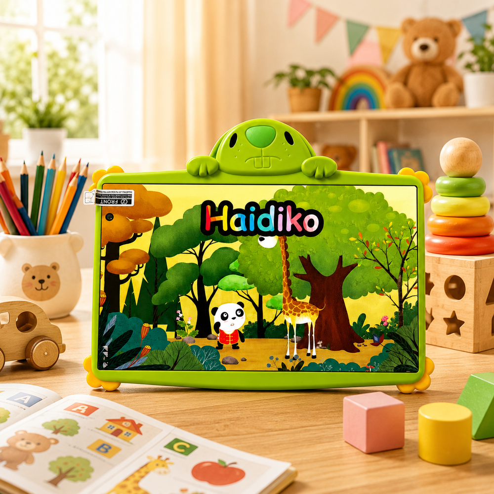 Pizarra verde con animales de dibujos animados y árboles. El texto 'Haidiko' está en la pizarra.