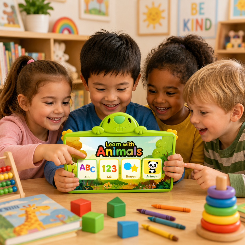 Cuatro niños aprenden con un juguete verde sobre una mesa de madera.