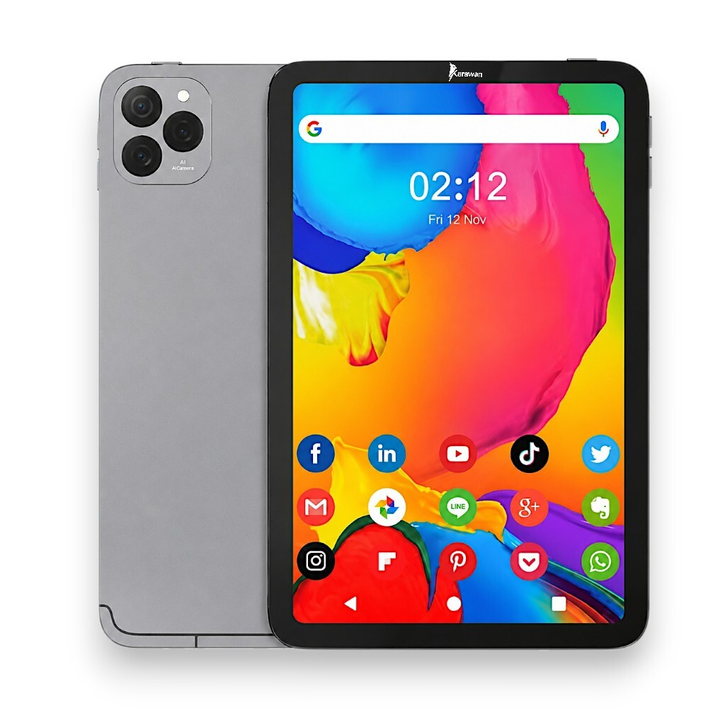 Una tableta gris con triple cámara trasera y pantalla de inicio colorida con iconos de aplicaciones.