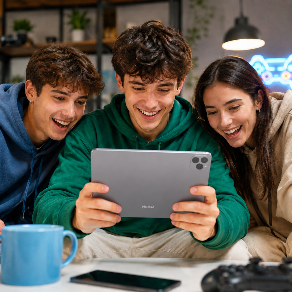 Tres jóvenes riendo miran una tableta, con una taza azul cerca.