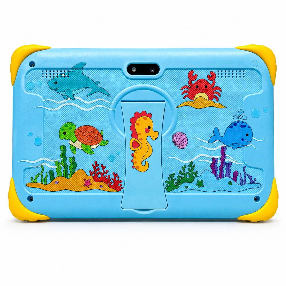Parte trasera azul de tablet con tema submarino: caballito de mar, tortuga, tiburón, cangrejo, ballena.