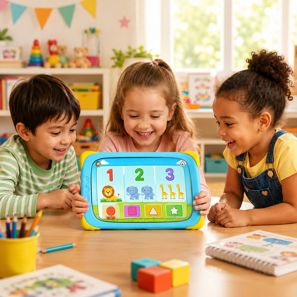Tres niños miran una tableta que muestra los números 1, 2, 3 con animales y formas.