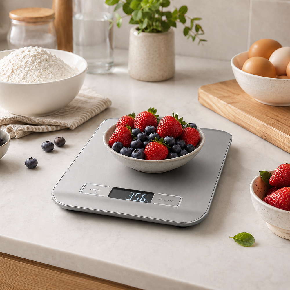 Una báscula digital muestra 356. Un bol de fresas y arándanos está sobre ella.
