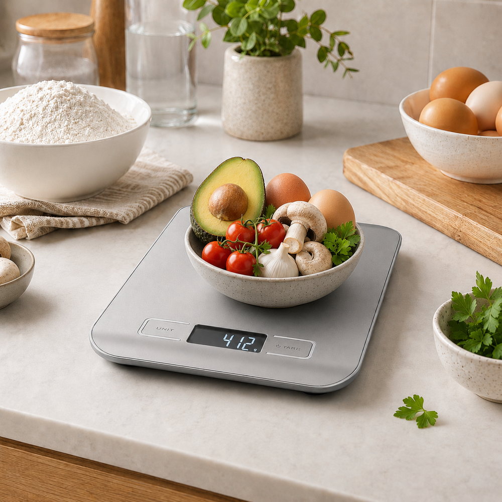 Una báscula digital muestra 412g. En la báscula hay tomates cherry, champiñones, ajo, aguacate y huevos.
