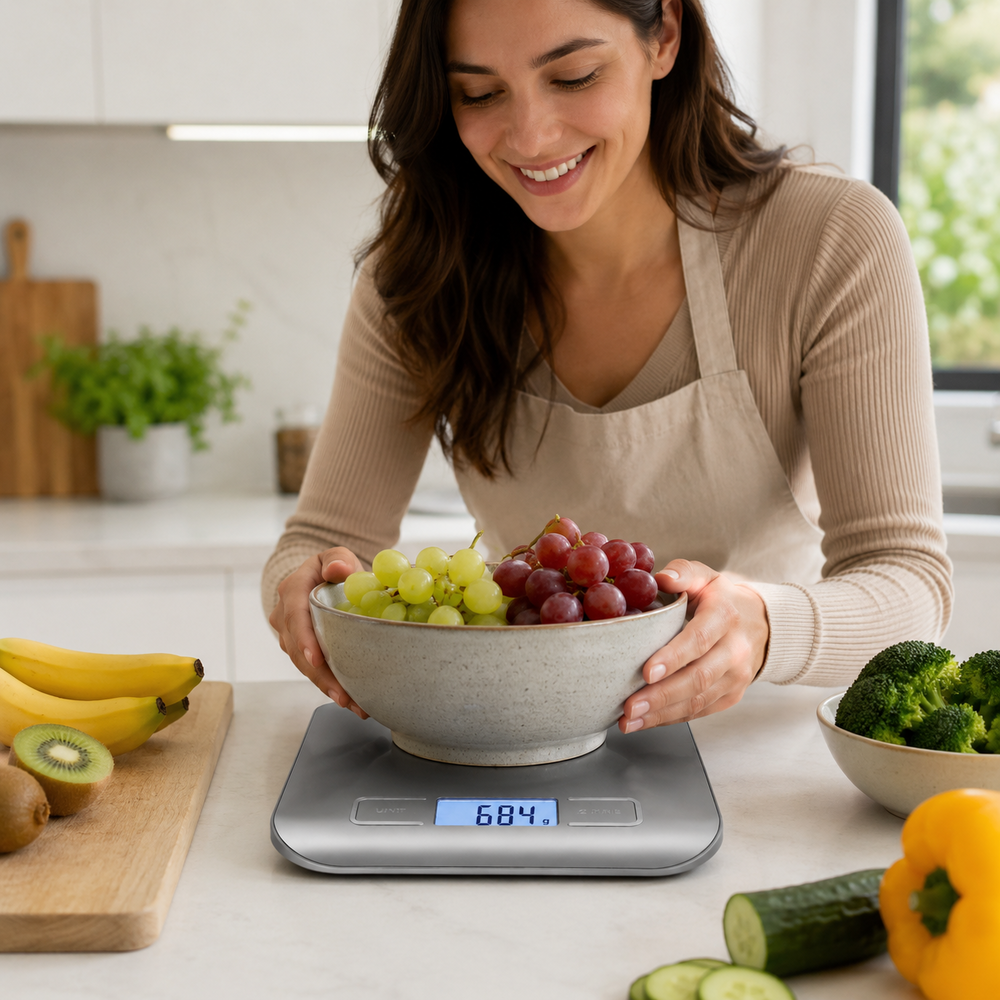 Una mujer pesa un bol de uvas en una cocina. Hay fruta y verduras cerca.