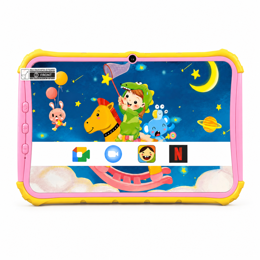 Una tablet rosa con borde amarillo muestra una escena nocturna con niños, animales y estrellas.