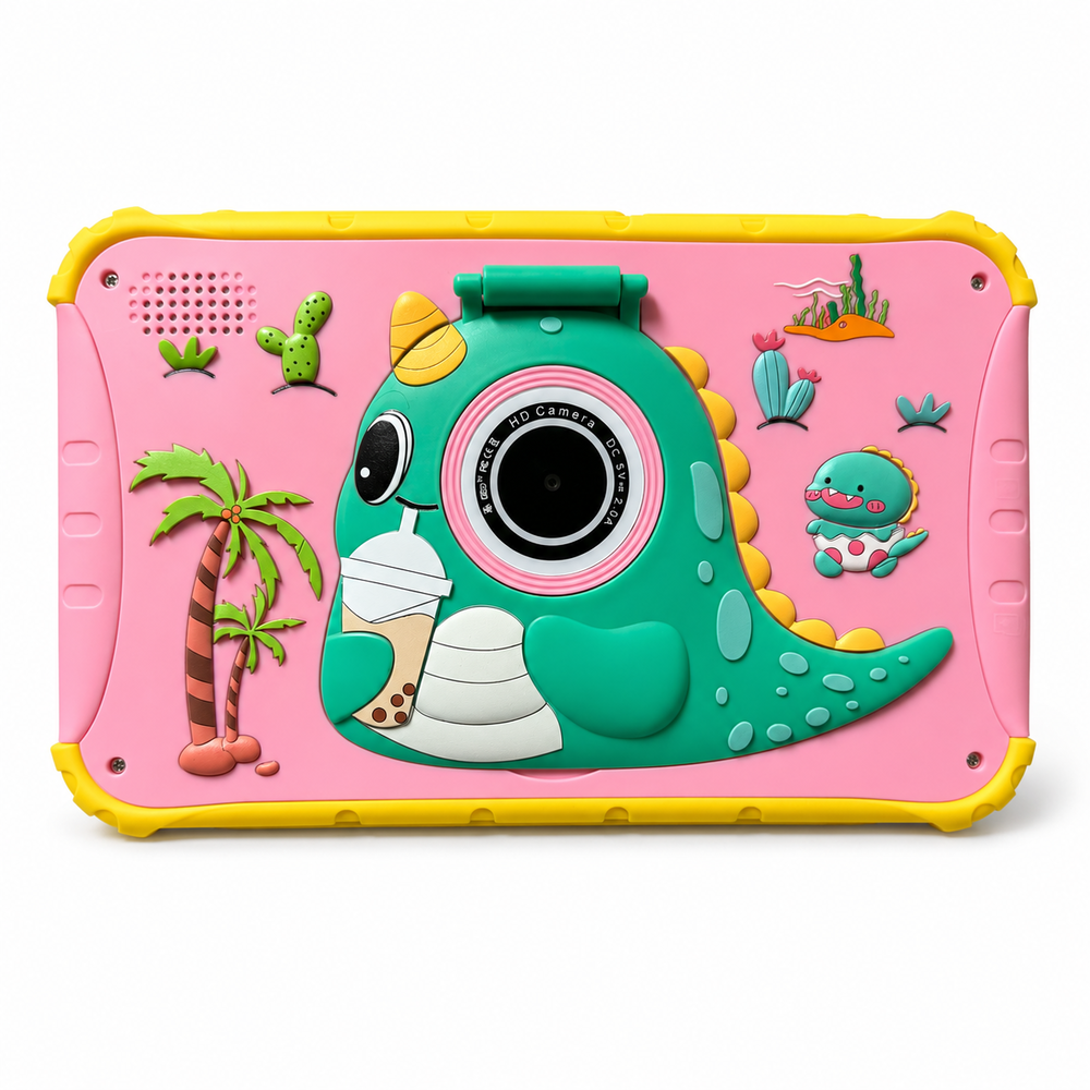 Tableta rosa con diseño de dinosaurio, palmera y cactus