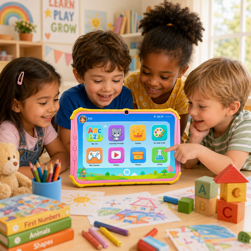 Cuatro niños diversos miran una tablet con juegos educativos. Un osito y libros cerca.