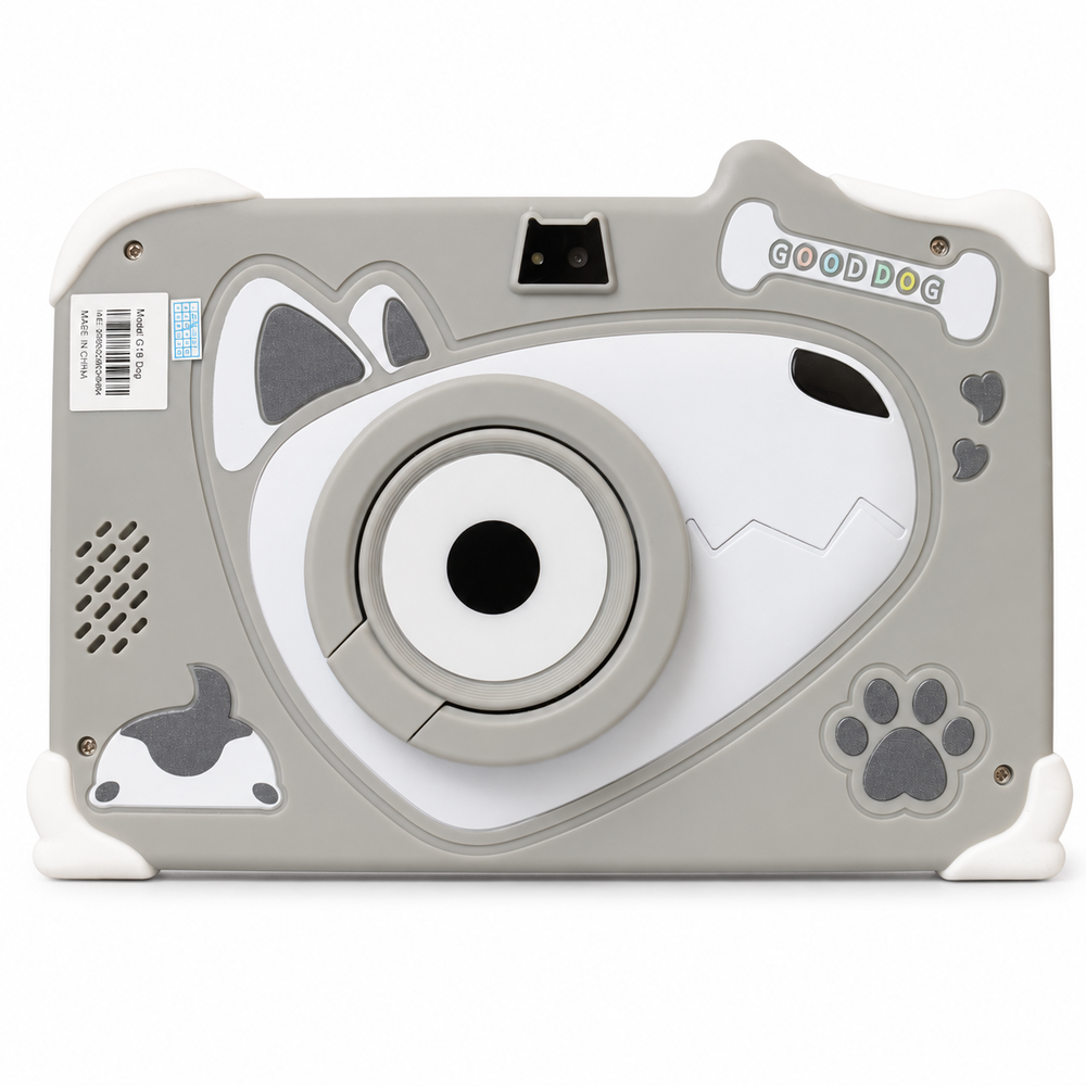 Tablet infantil gris con forma de perro, lente grande y altavoz.