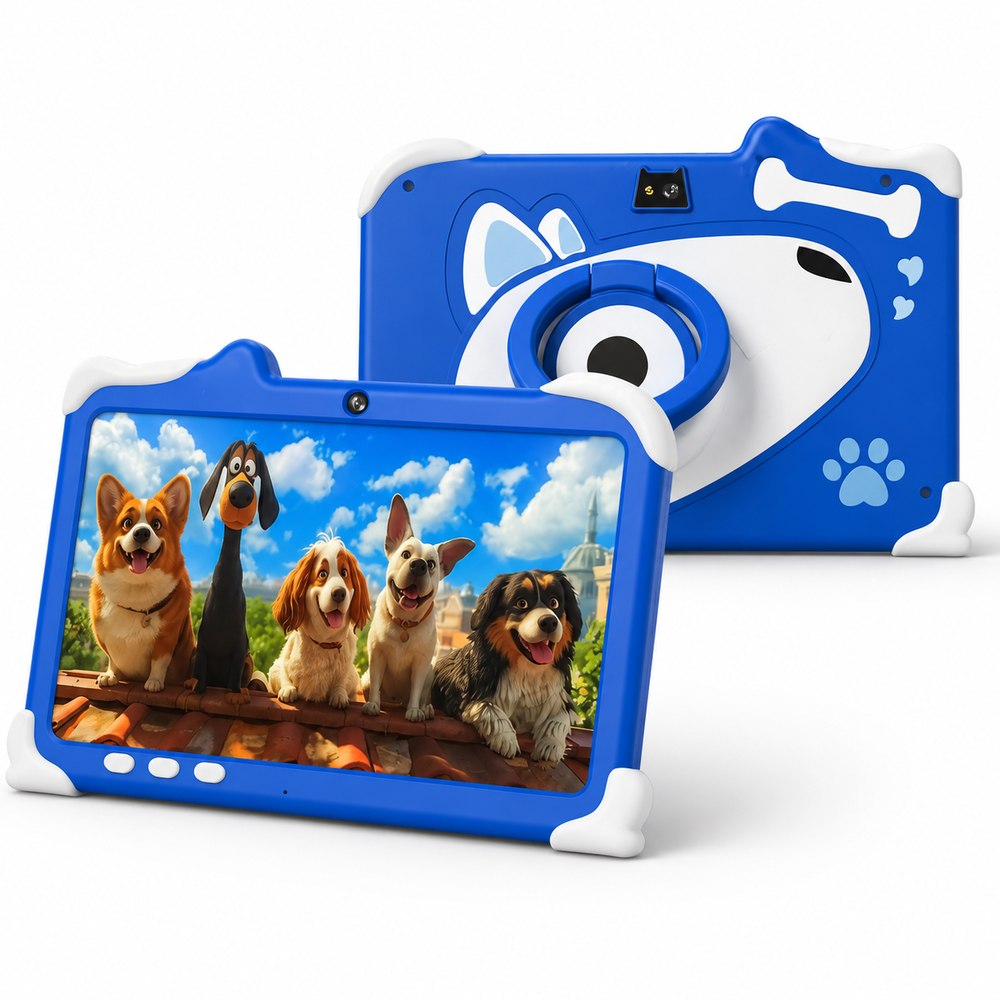 Una tableta infantil azul con diseño de cámara muestra cinco perros en su pantalla.