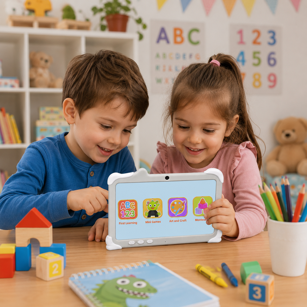 Dos niños, un niño y una niña, miran una tableta sobre una mesa de madera con juguetes alrededor.