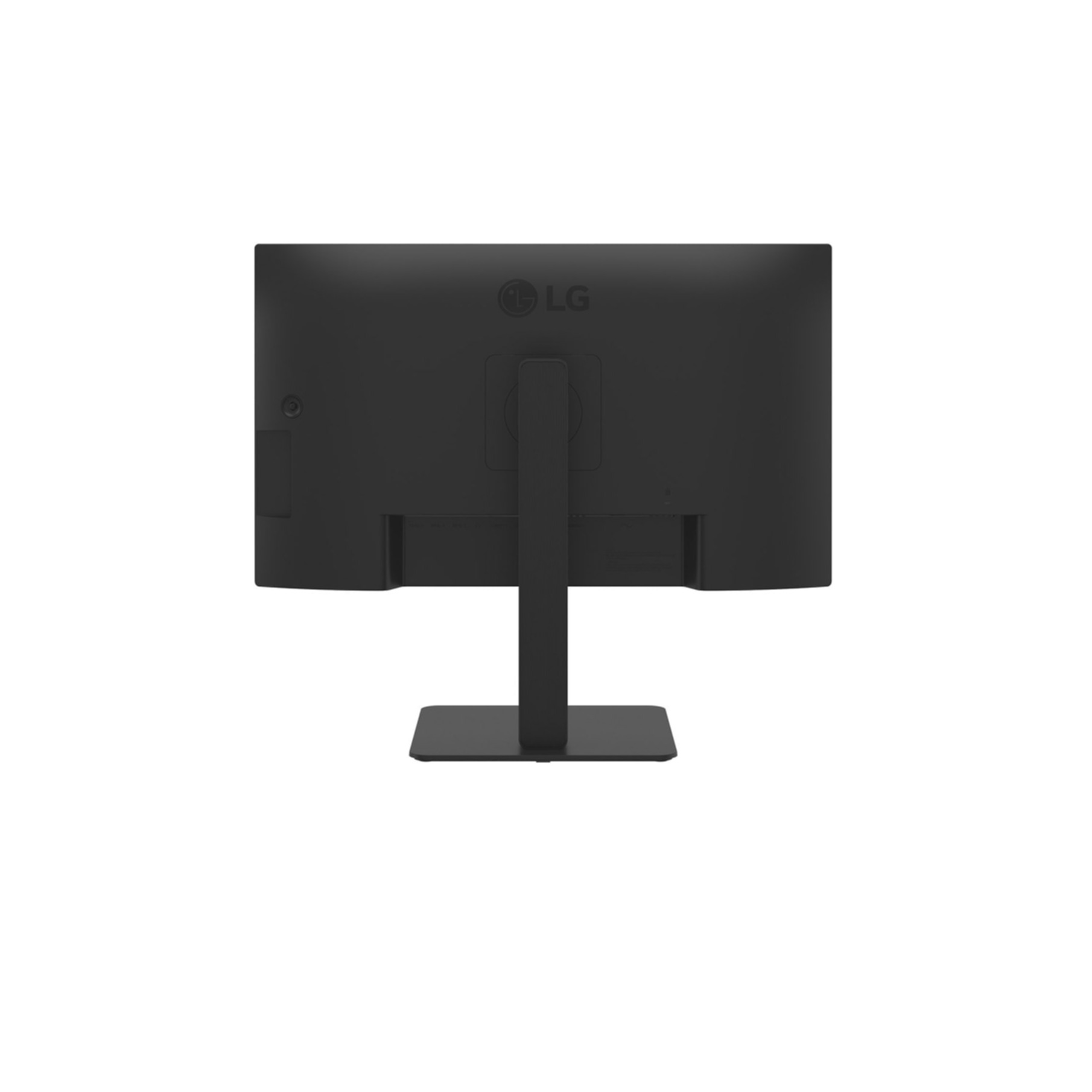 Back of a black LG monitor with stand and ports.
