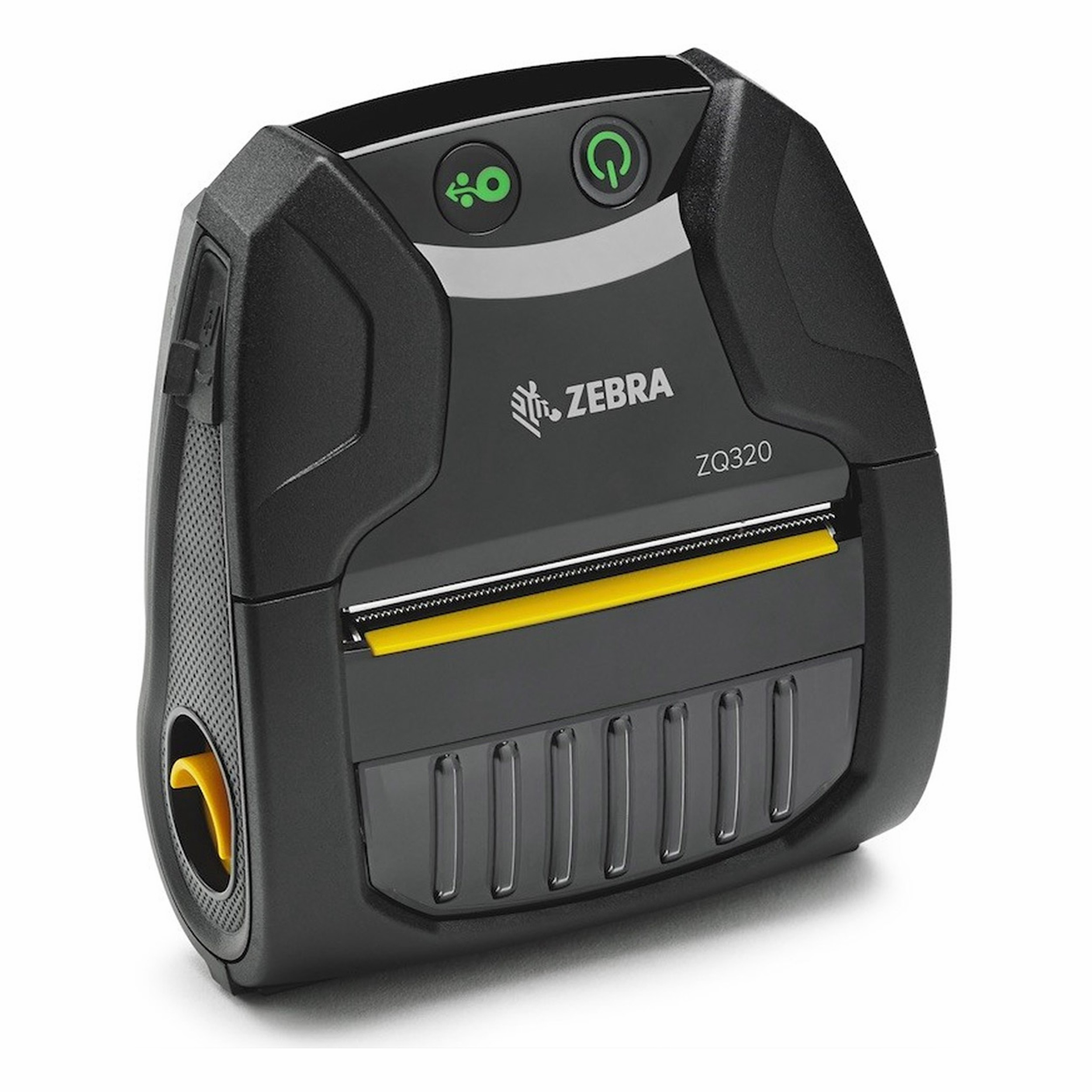 Sarı vurgu ve yeşil düğmeli siyah Zebra ZQ320 mobil yazıcı.