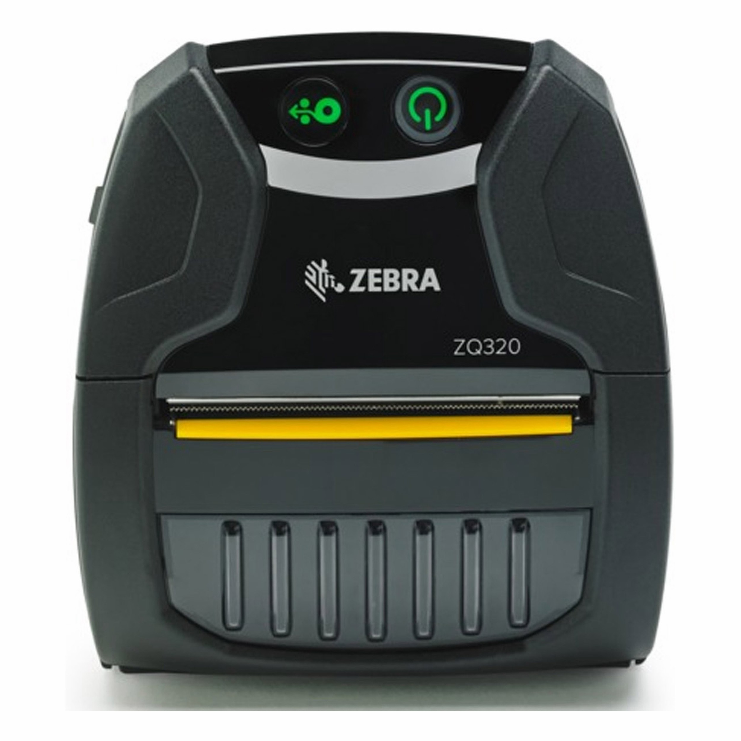 Yeşil simgeli ve sarı şeritli siyah Zebra ZQ320 yazıcı.