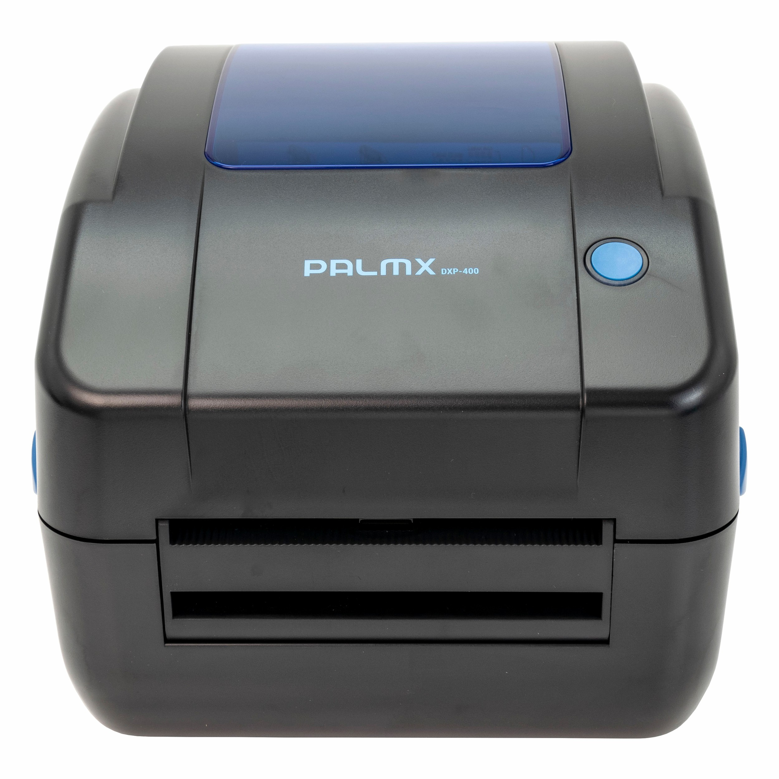 Mavi görüntüleme penceresi ve düğmesi olan siyah bir PALMX DXP-400 etiket yazıcısı.