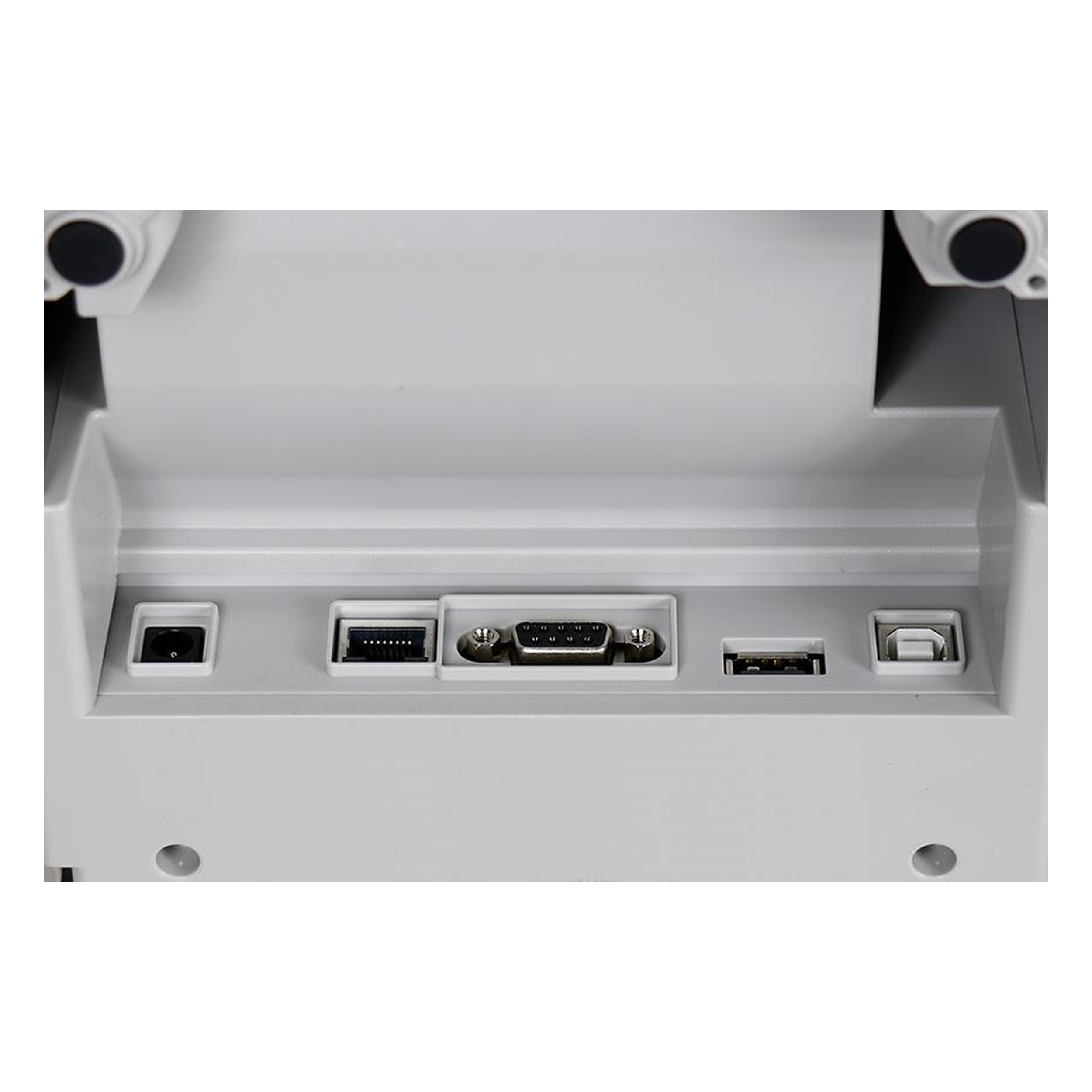 Cihazın arkası bağlantı noktalarıyla: güç, seri, USB-A ve USB-B.