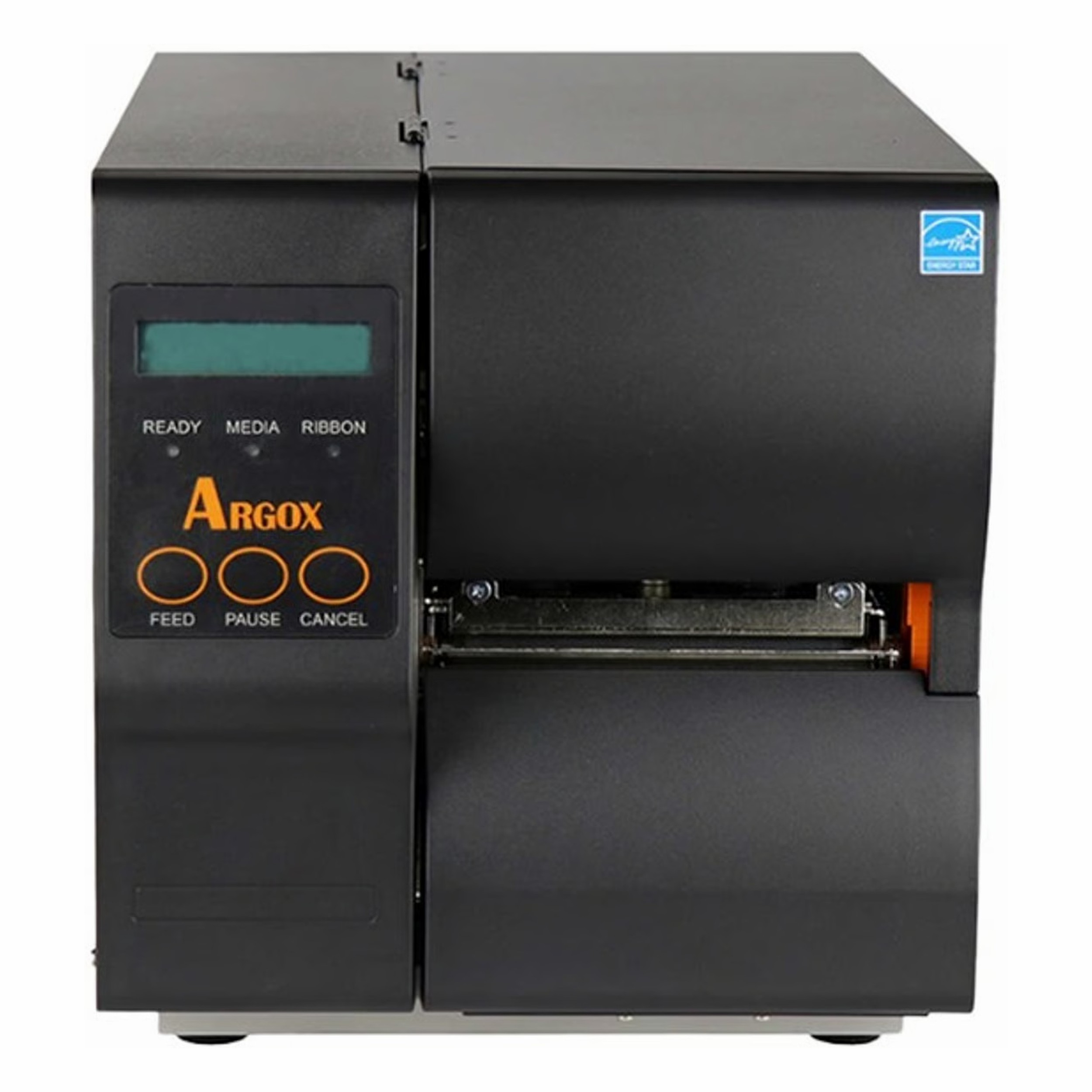 LCD ekranlı ve üç yuvarlak düğmeli siyah bir Argox yazıcı.