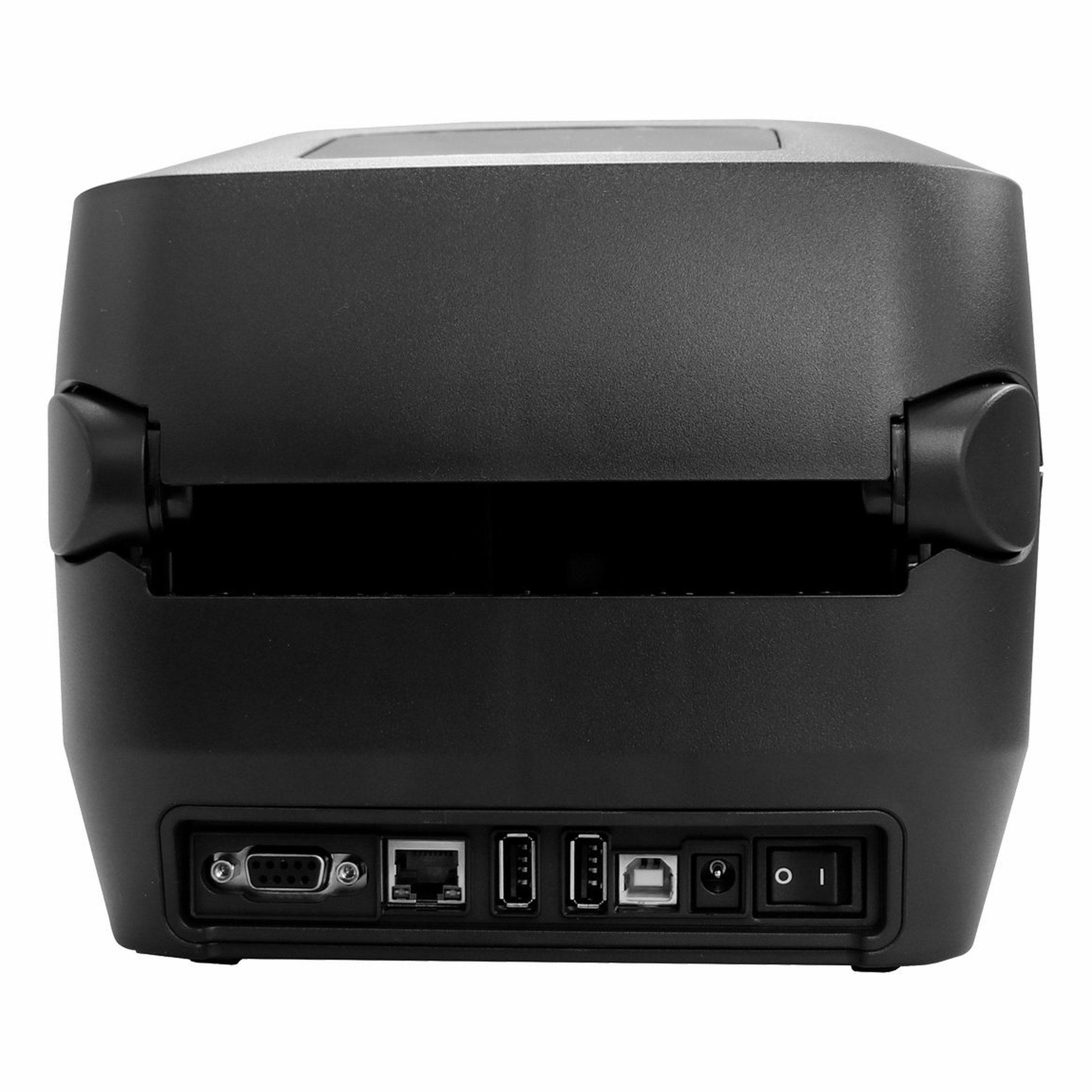 Siyah bir yazıcının arka görünümü, seri, Ethernet, USB bağlantı noktaları ve güç anahtarını gösteriyor.