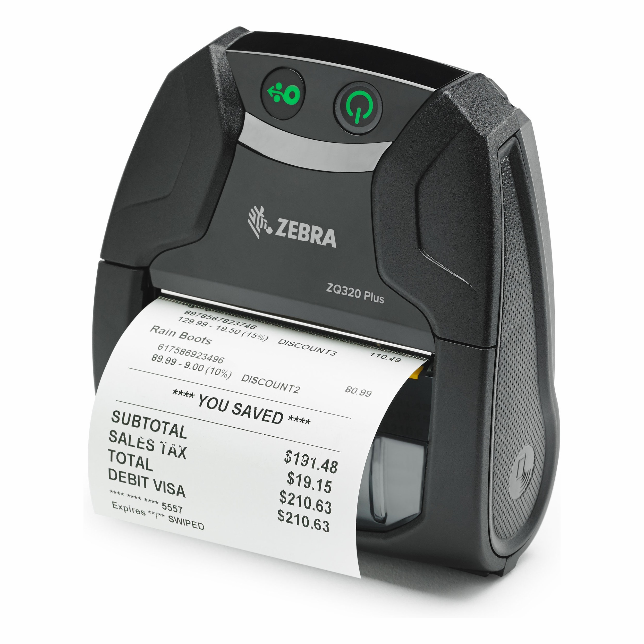 Cihaz üzerinde kısmen görünen bir fişe sahip siyah Zebra ZQ320 Plus yazıcı.