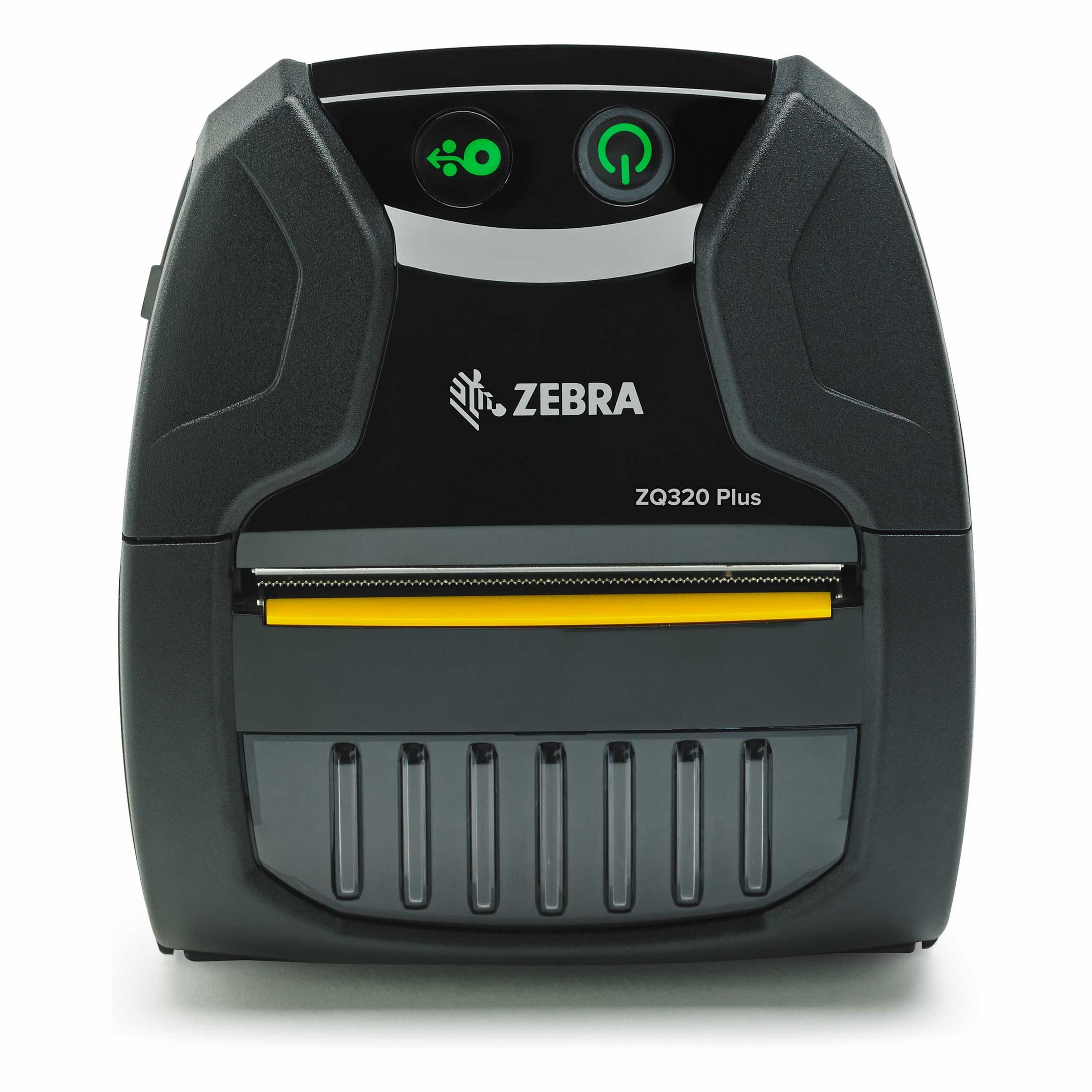 Yeşil düğmeli ve sarı yuvalı siyah Zebra ZQ320 Plus yazıcı.