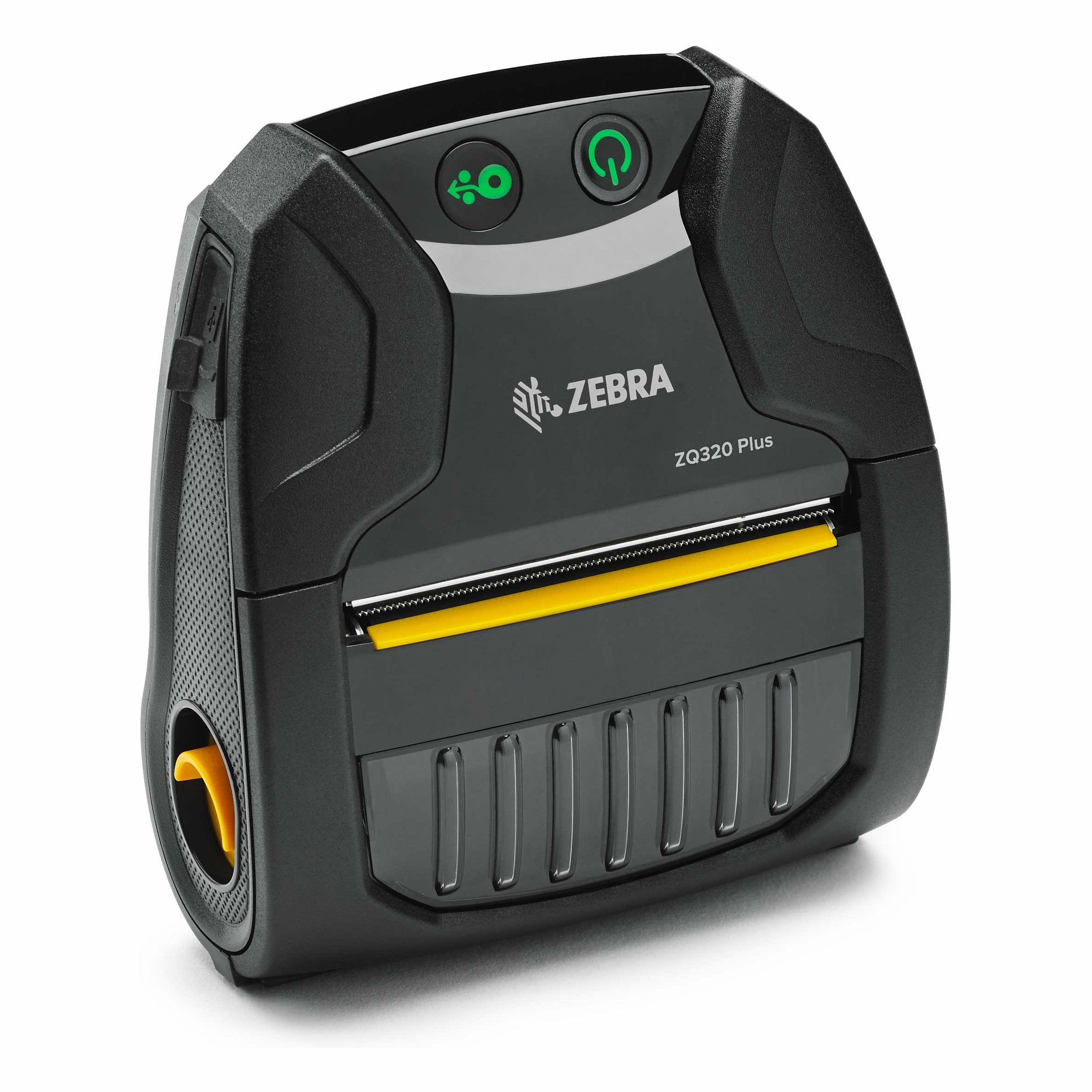Sarı şerit ve düğmeli siyah Zebra ZQ320 Plus yazıcı.