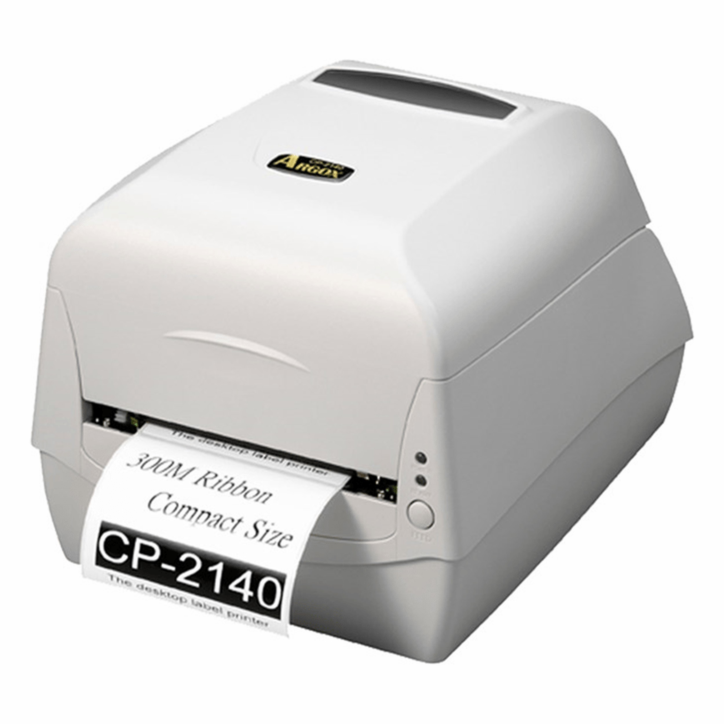 Üzerinde metin basılı beyaz bir Argox CP-2140 etiket yazıcısı.