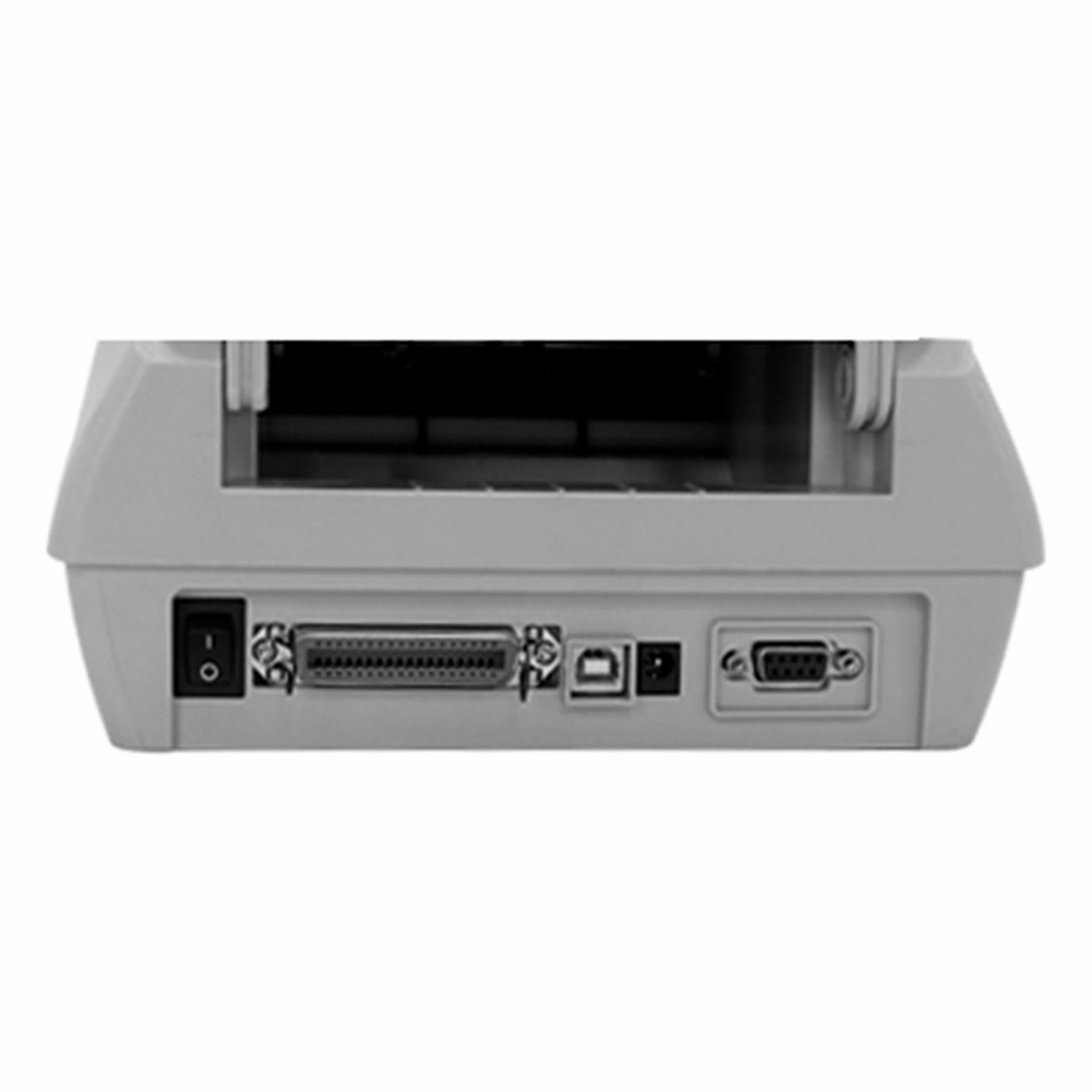 Bir yazıcının arkası anahtar, paralel port, USB ve güç konektörü ile.
