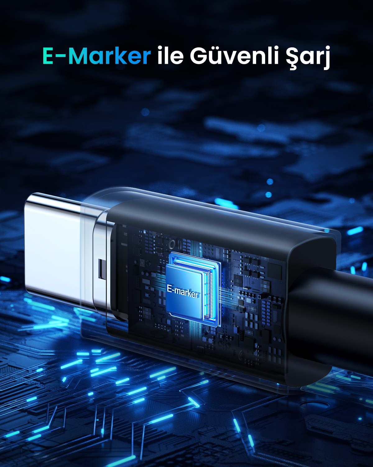 Devre kartı üzerinde parlak mavi E-Marker çipli bir USB-C konektörü.