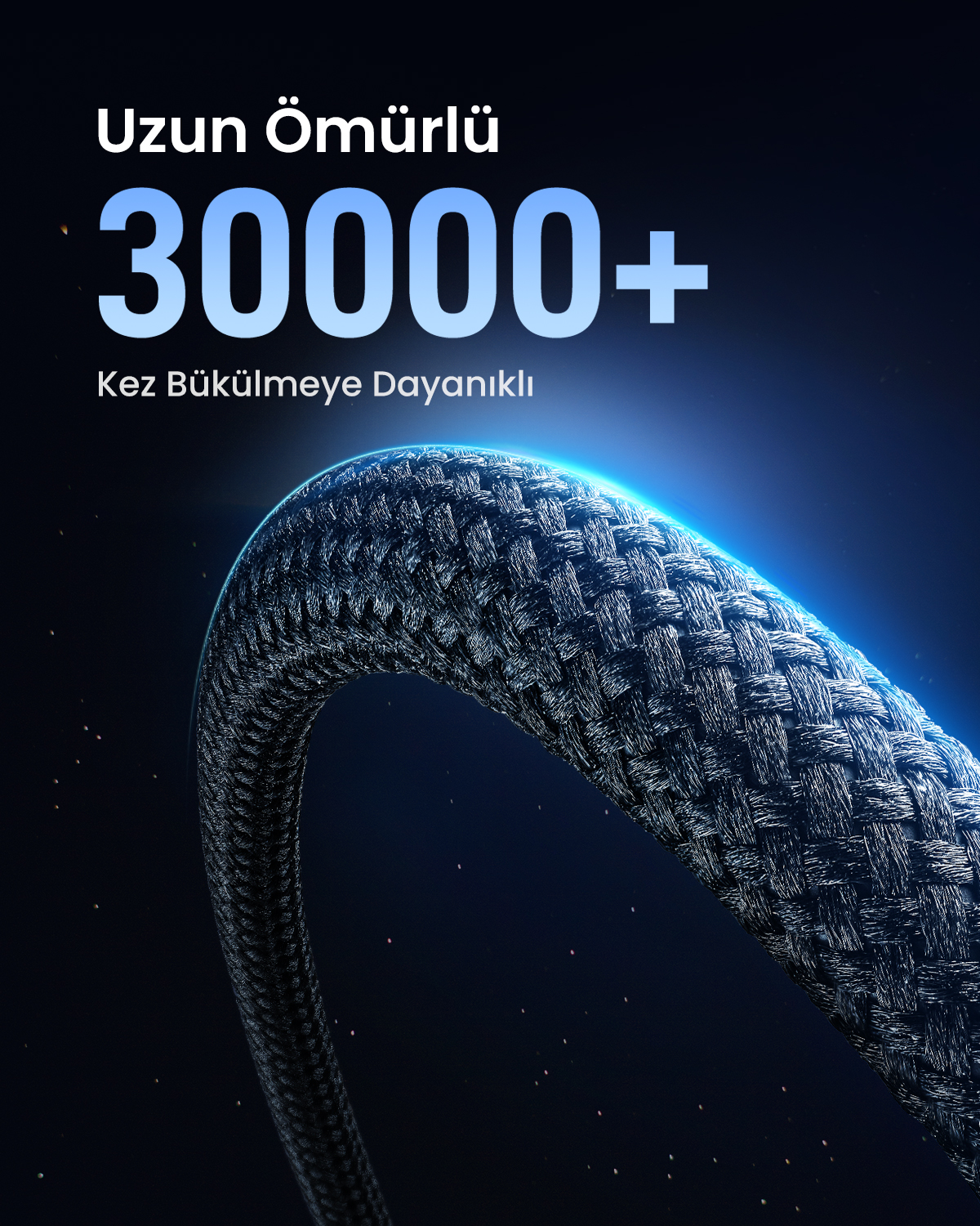 30000+ sayısı ve metin içeren örgülü siyah kablo.