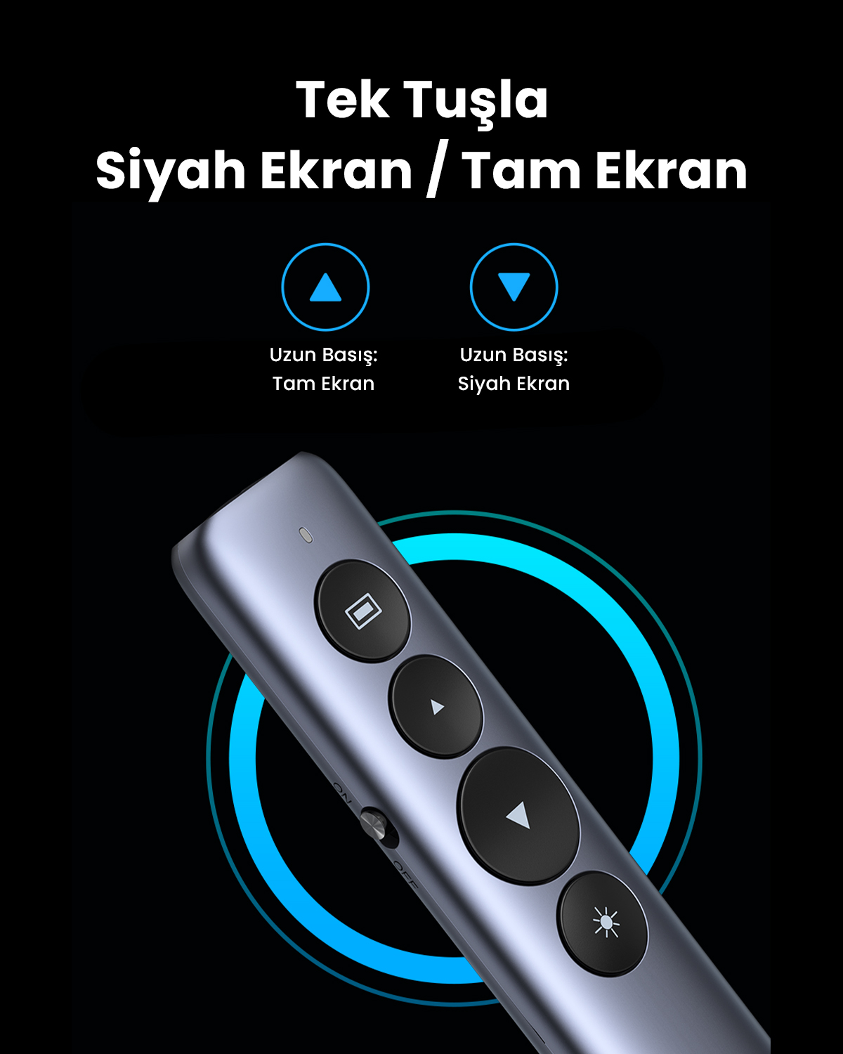 Siyah ekran/tam ekran için kullanılan düğmeli gri uzaktan kumanda işaretçisi.