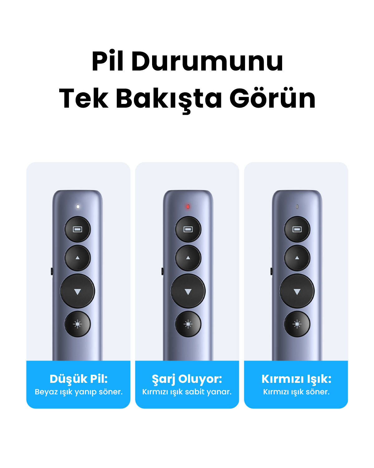 Üç kumanda pil durumunu gösterir: beyaz yanıp söner, kırmızı sabit yanar, kırmızı söner.