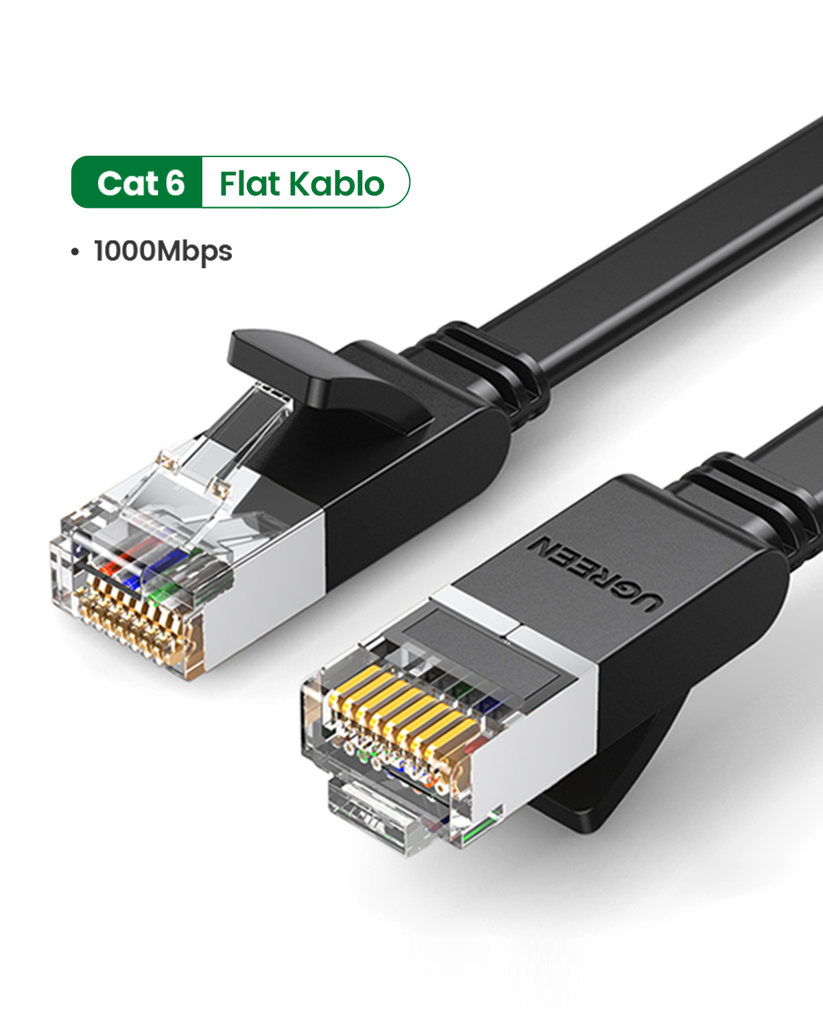 Beyaz arka planda RJ45 konnektörlü iki siyah Cat 6 yassı kablo.