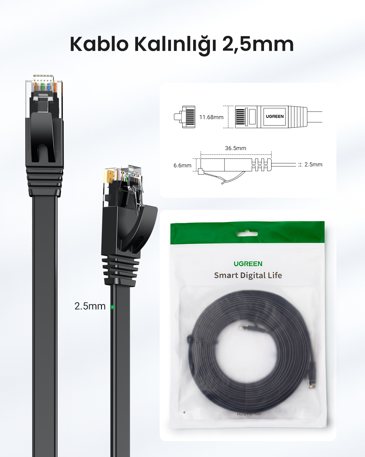 RJ45 konnektörlü siyah Ethernet kablosu ve teknik ölçüleri.