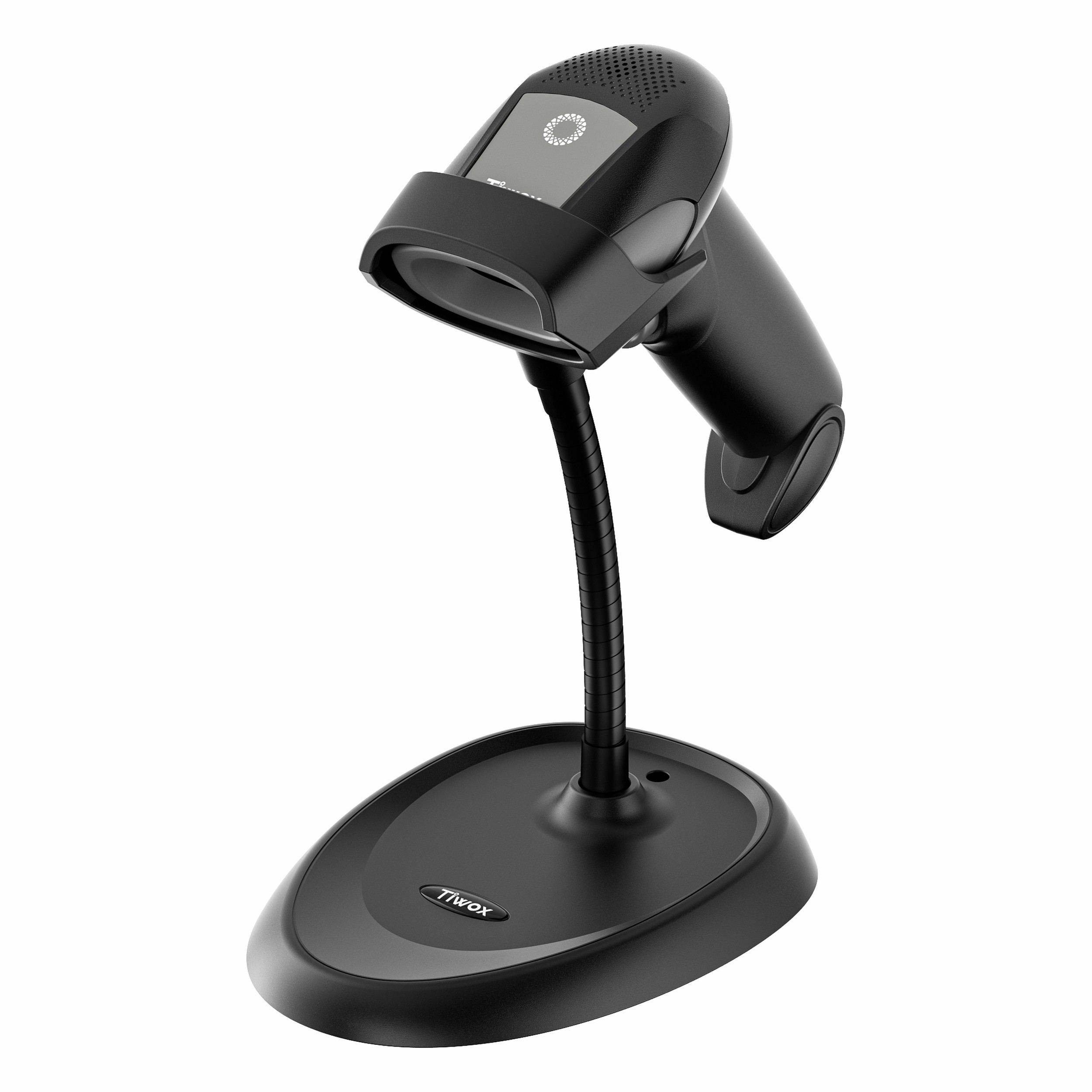 Oval tabanlı esnek bir stant üzerinde siyah barkod okuyucu.