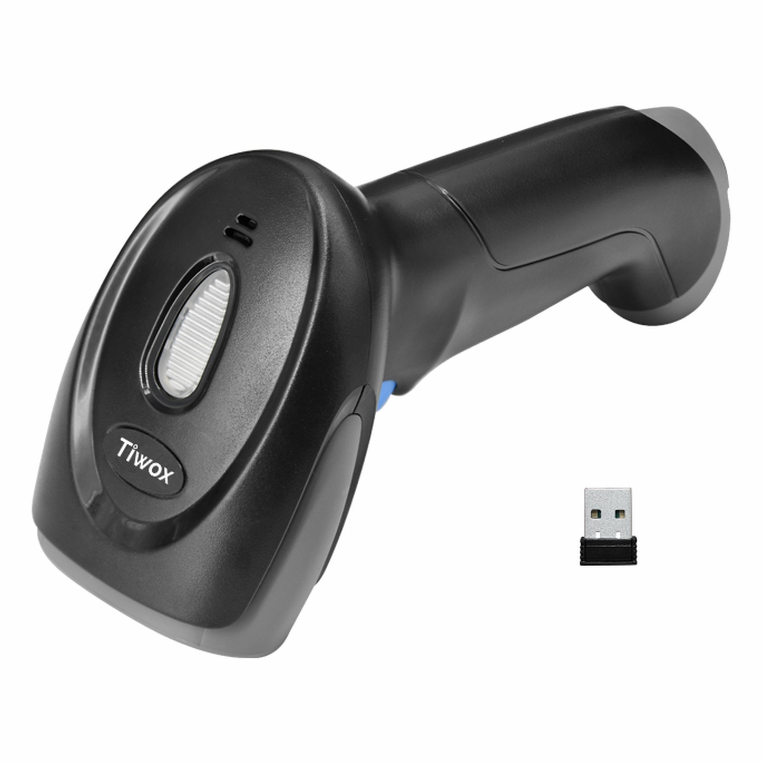 Beyaz zeminde USB dongle'lı siyah barkod okuyucu.