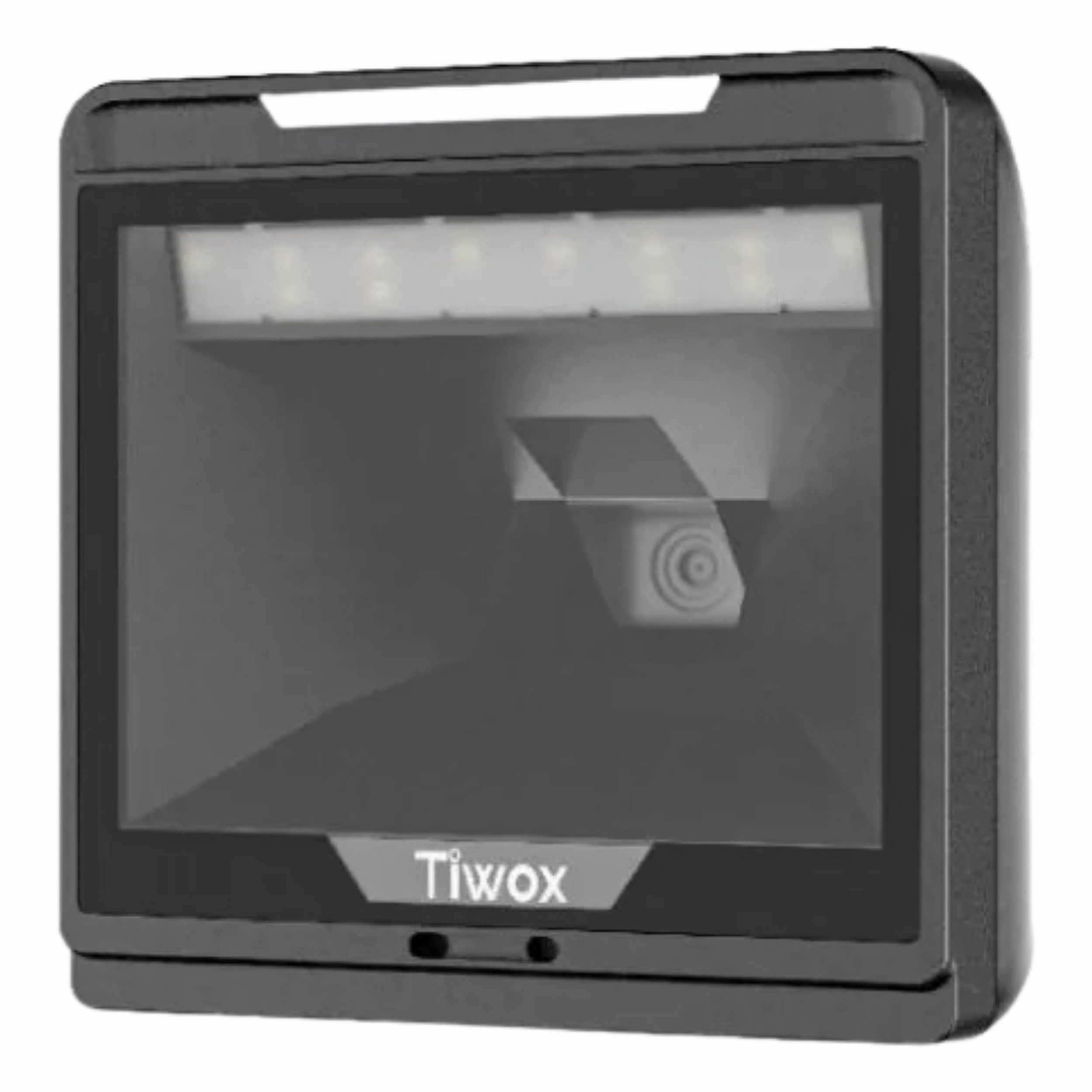 LED ışıklı ve Tiwox logolu siyah barkod tarayıcı.
