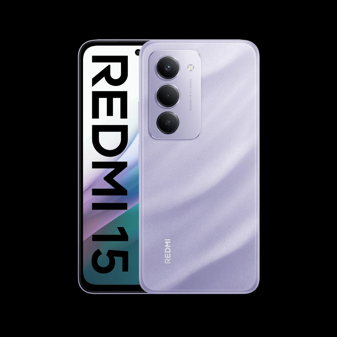Un smartphone morado con tres cámaras y el texto REDMI 15.
