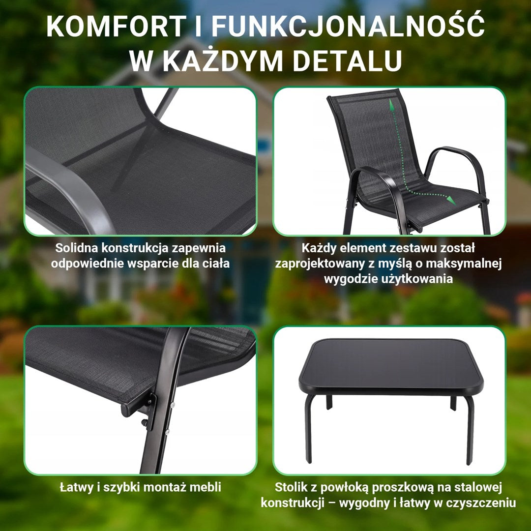Zestaw mebli ogrodowych ukazujący detale krzeseł i stołu: komfort i funkcja.