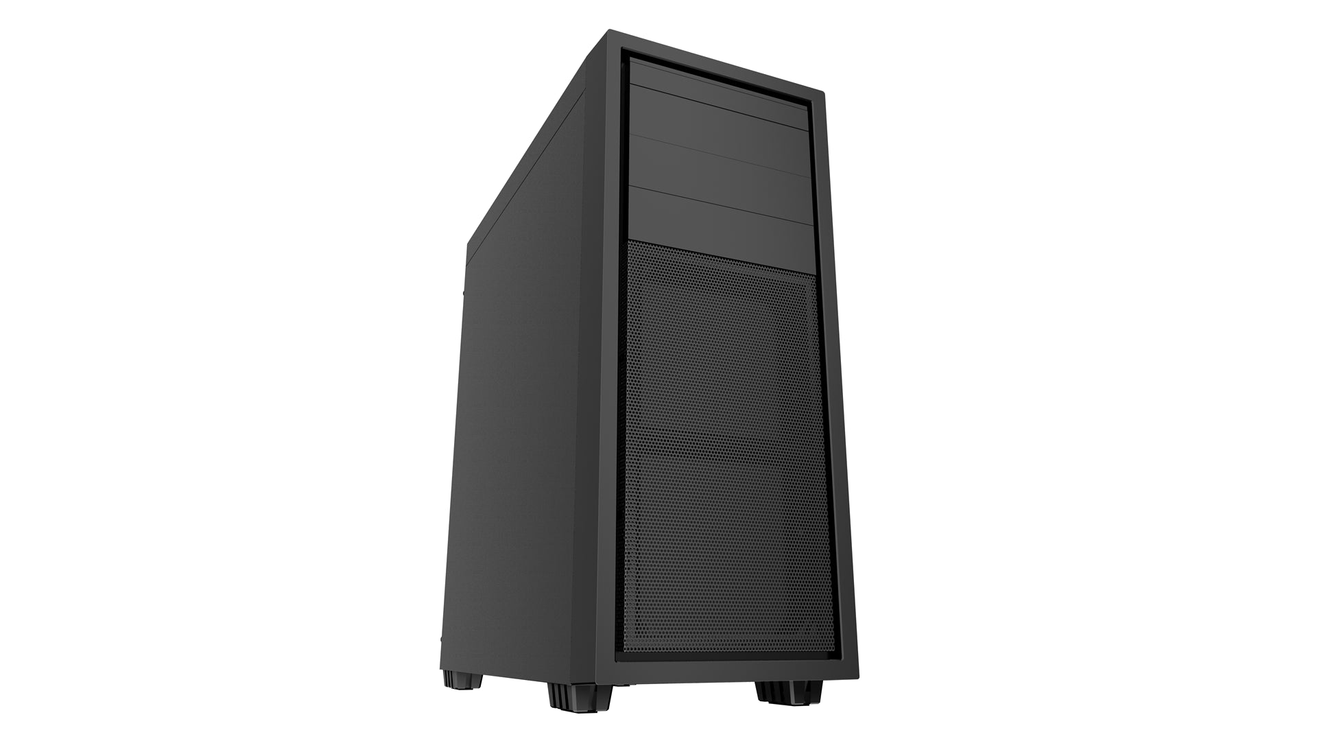 Ein schwarzes Computergehäuse auf weißem Hintergrund mit schräger Ansicht.