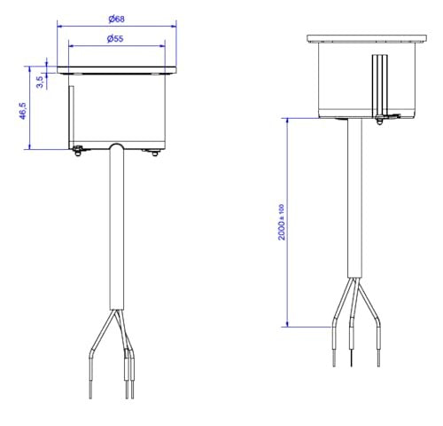 Disegno tecnico di un sensore con dimensioni. Viste due mostrate.