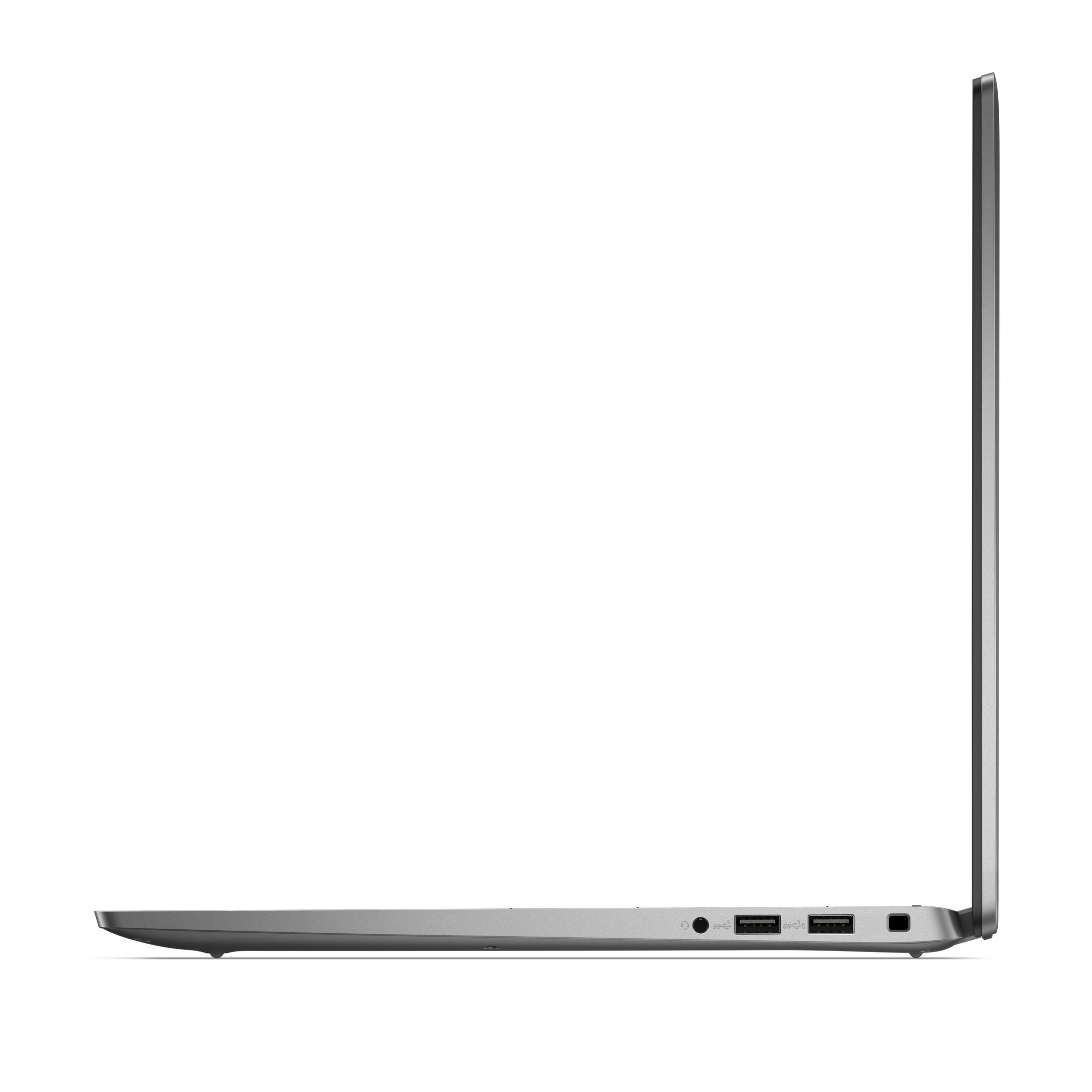 Graues Laptop-Profil mit USB-Anschlüssen und Kopfhörerbuchse.