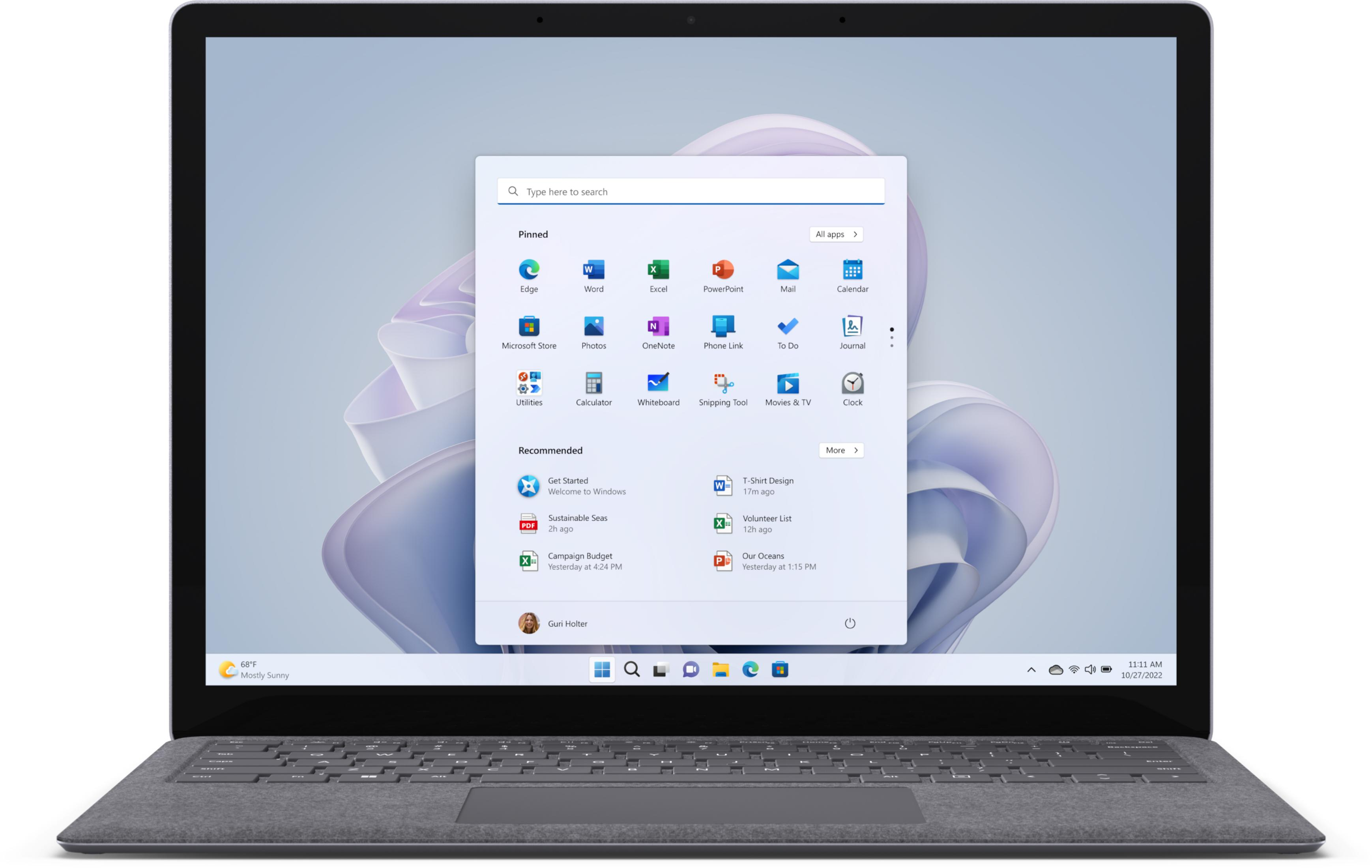Ein Laptop mit einem Startmenü, das angeheftete und empfohlene Apps anzeigt.