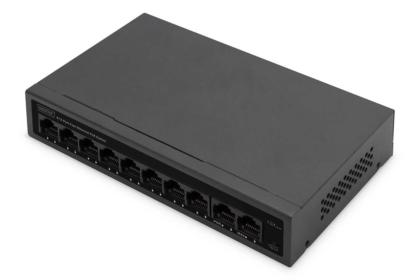 Switch PoE nero Digitus a 8+2 porte con porte Ethernet e griglie di ventilazione.