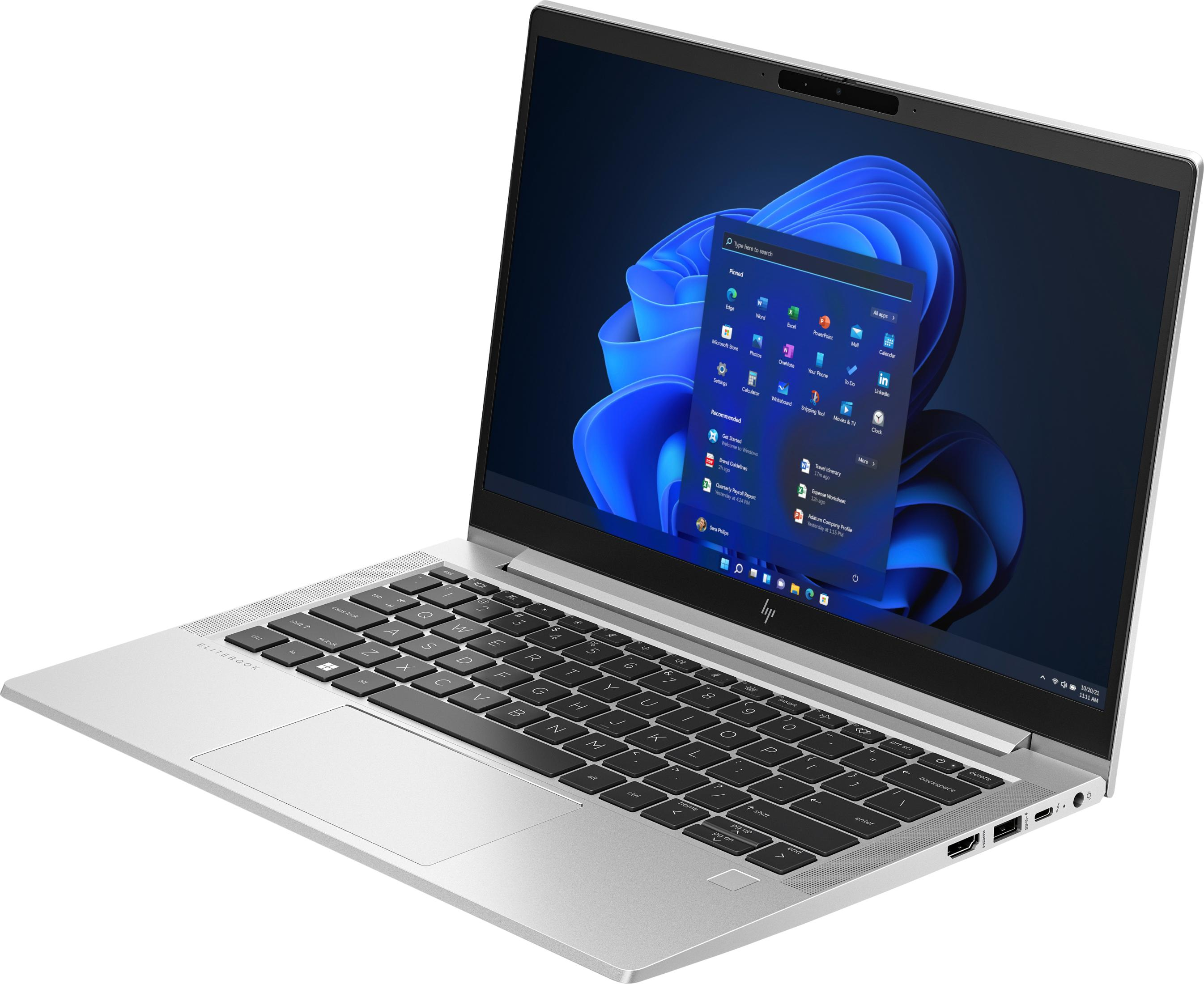 Ein silberner HP Elitebook Laptop mit Windows 11 Startmenü und Tastatur.